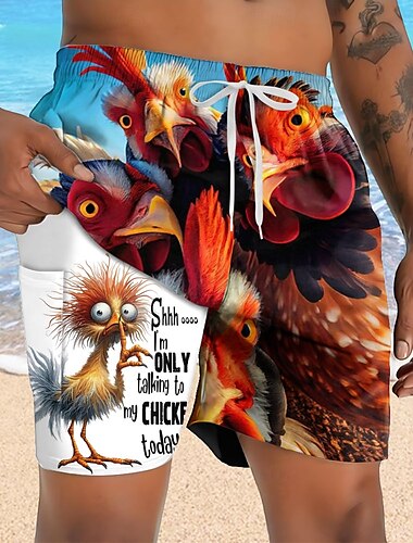  Herren Tiermotiv Küken Lustig Gefütterte Shorts 2 in 1 Badeshorts Badeshorts Mittlere Taille Hawaiianisch Urlaub Ferien Strandbekleidung Seitentaschen Mit Kompressionsfutter Elastischer Kordelzug in