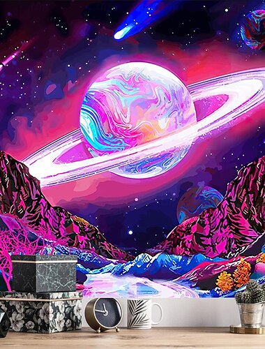  Schwarzlicht Wandteppich Leuchtet im Dunkeln Glow Party UV Reaktiv Planet Universum Trippy Nebeliger Natur Landschaft Hängender Wandteppich Wandkunst Wandmalerei für Wohnzimmer Schlafzimmer