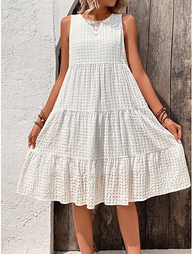  Robe midi femme Robe en A Robe de couleur unie Robe d'été Robe dénudée sur les épaules Décontractée Vacances Quotidien Ajustement régulier Graphique Sans manches Col rond Blanc Été