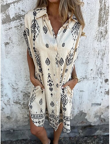  Dames Katoen Linnen Mini Jurk Shirt Jurk Elegante Jurk Basis Casual Vakantie Dagelijks Reguliere Pasvorm Graphic Korte Mouw Shirt Kraag Zwart Groen Abrikoos Zomer