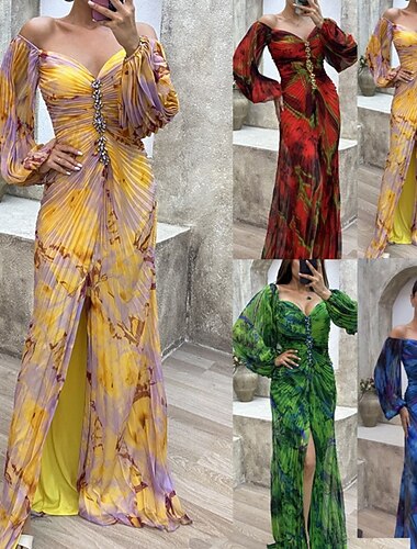  Per donna Abito lungo Abito lungo Vestito da festa Abito arricciato Di tendenza Feste Evento Standard Fiore decorativo Manica lunga A V Giallo Vino Blu Verde Estate