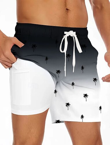  Herren Kokospalme Farbverlauf Gefütterte Shorts 2 in 1 Badeshorts Badehosen Mittlere Taille Hawaiianisch Strandbekleidung Seitentaschen Mit Kompressionsfutter Elastischer Kordelzug in der Taille
