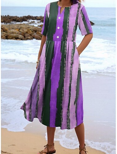  Damen Midikleid Sommerkleid Urlaub Brautkleider schlicht Urlaub Täglich Regular Fit Graphic Streifen Kurzarm V Ausschnitt Gelb Rote Purpur Grün Sommer