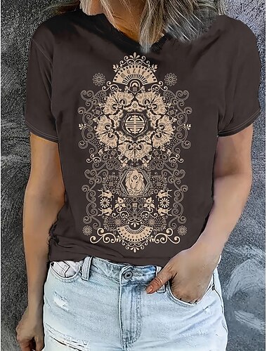  Per donna Maglietta Top estivi Stampa Geometria Classico Casual Manica Corta Girocollo Top corti Quotidiano Weekend Stampato Marrone Estate Primavera Autunno