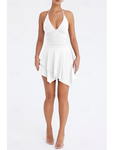  Damen Minikleid Weißes Kleid Abschlusskleid Neckholder-Kleid Mode Modern Geburtstag Abschlussfeier Date Normale Passform Einfach Ärmellos Neckholder Weiß Braun Sommer