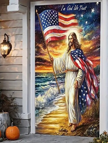  Decoraciones para puertas del Día de la Independencia del 4 de julio cubiertas de puertas Jesús tapiz de puerta decoración cortina de puerta telón de fondo interior/exterior cartel de puerta para