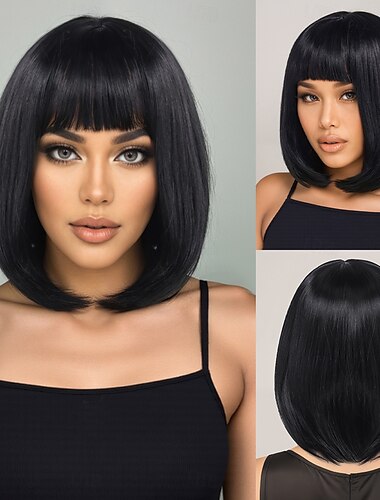  Perucas sintéticas Liso Yaki Liso Corte Assimétrico Franja Lisa Fabrico à Máquina Peruca 14 polegadas A1 Cabelo Sintético Mulheres Festa Clássico Confortável Preta