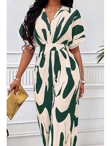  Damen Normal Jumpsuit Strassenmode Geometrisch Halbe Ärmel Fledermaus Ärmel V Ausschnitt Bedruckt Strasse Täglich Lockere Passform Braun Grün Aprikose Sommer