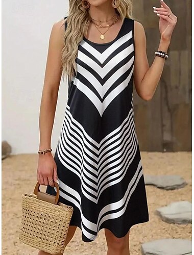  Damen Mini-Kleid A-Linien Kleid Sommerkleid Urlaub Freizeit Strand Urlaub Täglich Strand Lockere Passform Grafik Geometrisch Gestreift Ärmellos Rundhals Schwarz Sommer Frühling