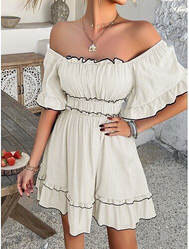  Damen Minikleid A Linie Kleid Milchmädchen-Kleid Schulterfreies Kleid Lässig Outdoor Täglich Strand Normale Passform Grafik Kurzarm Quadrathals Schwarz Blau Grün Beige Sommer