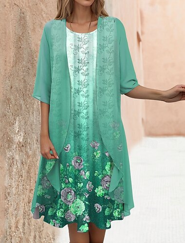  Damen Abschlusskleid Midi Kleid 2-teiliges Kleid Set Shift Kleid A-Linie Kleid Urlaub Lässig Floral Grafik Druck Halbärmel Rundhals Täglicher Gelb Rosa Blau Sommer Frühling Lockere Passform