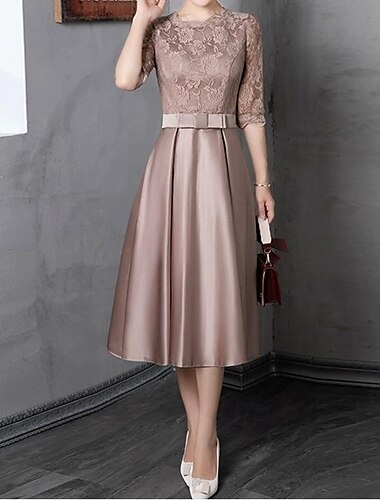  Femmes Robe Midi Robe en Dentelle Robe de Soirée Robe de Cocktail Robe en Satin Mode Fête Moderne Vacances robe demoiselle d honneur Anniversaire Mince Couleur Unie Demi Manches Col ras du cou Gris