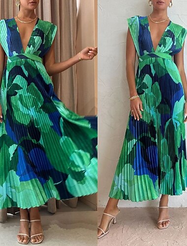  Per donna Vestito longuette Vestito da festa Abito da cocktail Abito arricciato Di tendenza Feste Tè Standard Colorato a macchie Senza maniche A V scollato Verde Estate