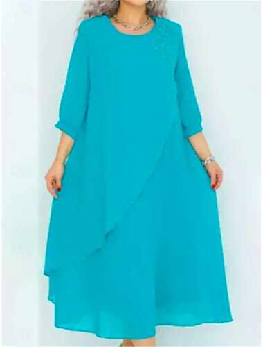  Damen Midi Kleid Sommer Kleid Einfarbig Rüsche Kleid Lässig Täglich Regulär Passform Grafik Einfach 3/4 Längeärmeln Rundhalsausschnitt Schwarz Blau Himmelblau Lila Sommer