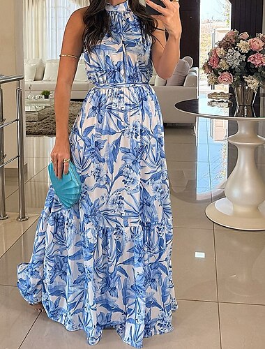  Damen Langes Kleid Maxikleid Freizeitkleid Sommerkleid Boho-Kleid Elegant Mode Outdoor Ferien Date Normale Passform Blume Ärmellos Neckholder Blau Sommer Frühling