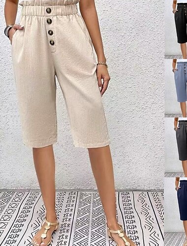  Damen Hose aus Baumwollleinen Stoffhosen Schnitt Streetwear Lässig Knielang Natürliche Taille Einfach Tasche Elastischer Bund Bequem Ausgehen Wochenende Aprikose Hellhimmelblau Schwarz Dunkelmarine