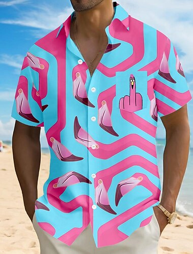  Herren Flamingo Vogel Lustig Hemd Sommer Hawaiihemd Knopfhemd Kurzarm Hawaiianisch Urlaub Ferien Strandbekleidung Sommer Umlegekragen 3D-Druck Eine Tasche vorne Leinenähnliches Hemd Schwarz Gelb Blau