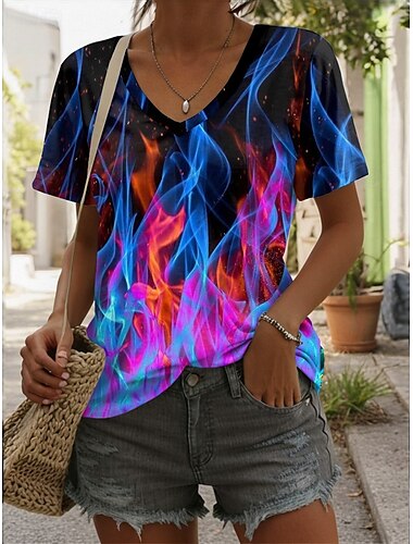  Women's T Shirt Graphic Geometric Vintage Stylish Casual Sleeveless Short Sleeve V Neck Regular Tops Daily Print Black Pink Blue Summer Spring
