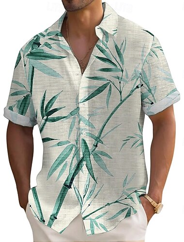  Homens Plantas Bambu Camisa Social camisa de verão camisa de botão Manga Curta Moda Casual Férias Dia a Dia Roupa de Praia Verão Primavera Aberto para a Lateral Impressão 3D Camisa tipo linho Amarelo
