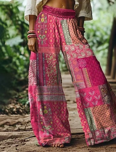  Dam Brett skaft Byxor Boho Fullängd Naturlig Blomma Ficka Elastisk midja Tryck Bekväm Utomhus Gata Dagliga kläder Vit Rosa Blå Blekt Rosa Sommar Normal