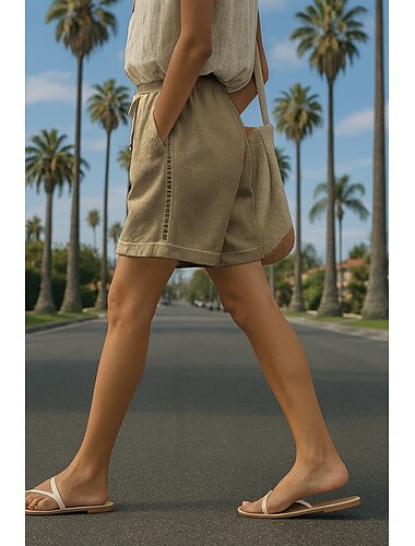  Women's Cotton Linen Shorts Chinos Shorts Fashion Streetwear Comfort Short High Waist Plain Pocket Elastic Waistband Cut Out Comfy Outdoor Comfortable Street Daily Wear Going out White sky blue Khaki