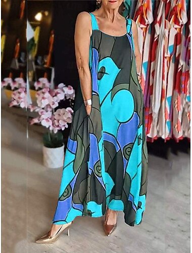 Damen Maxikleid Sommerkleid Unterkleid Lässig Täglich Normale Passform Grafik Geometrie Ärmellos Träger Rote Blau Orange Sommer