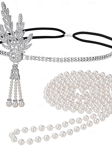  Der große Gatsby Flapper-Stirnband Perlenarmband Ohrringe Der große Gatsby Feder Retro Funkelnder Glitzer Damen Karneval Valentinstag Maskerade Party-Abendmode Maskerade Festival Erwachsene Halskette