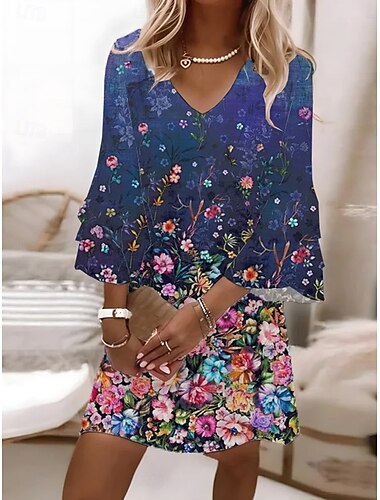  Women's Mini Dress Sundress A Line Dress Vacation Casual Boho Beach Regular Fit Ombre Floral Graphic 3/4 Length Sleeve V Neck Colourful Pink Sky Blue Ink Blue Summer Spring