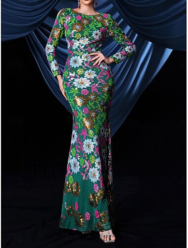  Abito sirena  tromba verde elegante abito formale matrimonio lunghezza a terra maniche lunghe scollatura a barca con paillettes floreali