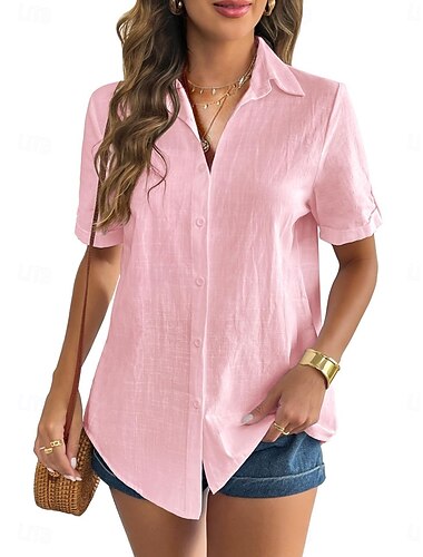  Per donna Camicia Tinta unica Essenziale Casual Manica Corta Colletto a Camicia Top Regolari Quotidiano Bottoni Nero Bianco Rosa Blu Estate