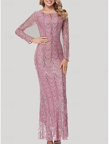  Kleid Brautmutterkleid Elegant Party Rundhalsausschnitt Bodenlang Polyester Langarm mit Paillette 2025