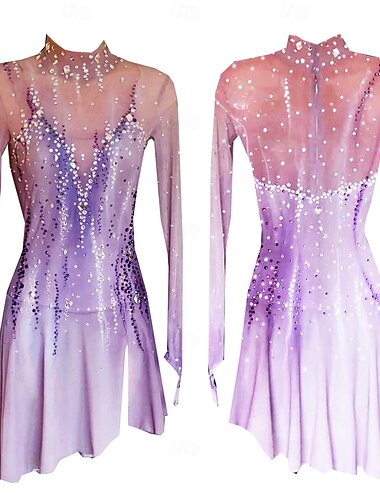  Eiskunstlaufkleid Damen Mädchen Eislaufen Kleid Purpur Daumenloch Halo-Färbung Hohe Elastizität Professionell Wettbewerb Eiskunstlaufkleidung Thermowarm Kristall / Strass Langarm Eislaufen