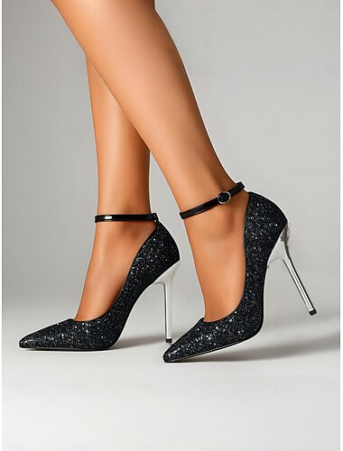 Damen-Stilettos mit goldenem Glitzer und spitzer Zehenpartie – funkelnde High Heels mit Knöchelriemen für elegante Verabredungen im Alltag und Abendoutfits