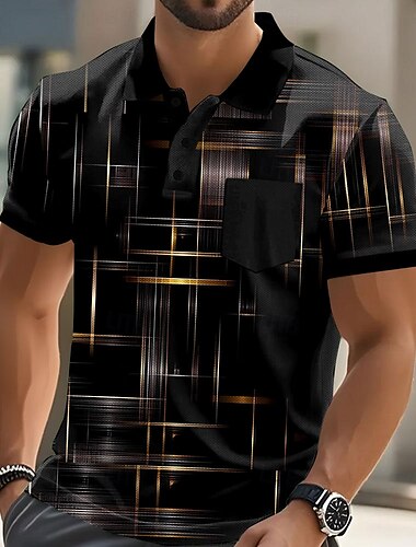  Herren Geometrisch Linie Polo Kurzarm Polo-Shirts Hemden mit Kragen Business-Casual Outdoor Athleisure Alltagskleidung Knöpfe Tasche 3D-Druck Sommer Schwarz Blau Purpur