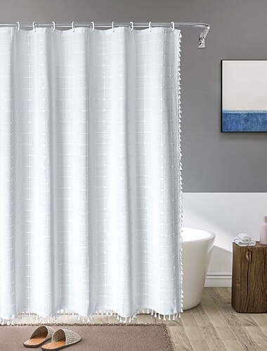  Boho Farmhaus Duschvorhang 200 cm hoch duschvorhang waschbar moderne Baumwoll-Leinen-Stoff für neutrale Land Badezimmer Dekor hellbraun Bohemian rustikal