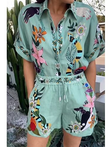  Per donna Attivo Essenziale Camicia Set ispirati al lino Set da due pezzi Manica Corta Colletto a Camicia Floreale Stampato Ferie Casual Quotidiano Weekend Verde Estate Vestibilità regolare