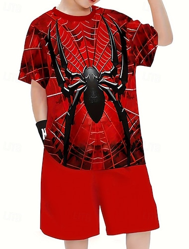  Мальчики 3D SPIDER Футболка и шорты Набор С короткими рукавами Лето Весна Спорт Мода Повседневные Дети 4-12 лет Вырез под горло на открытом воздухе Отпуск Спорт Узкий крой