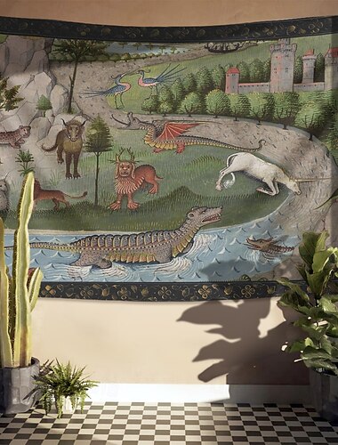  Arazzo medievale arazzo dell'età di mezzo arte gotica grande arazzo decorazione murale fotografia sfondo coperta tenda decorazione per casa camera da letto soggiorno animali favolosi d'Egitto