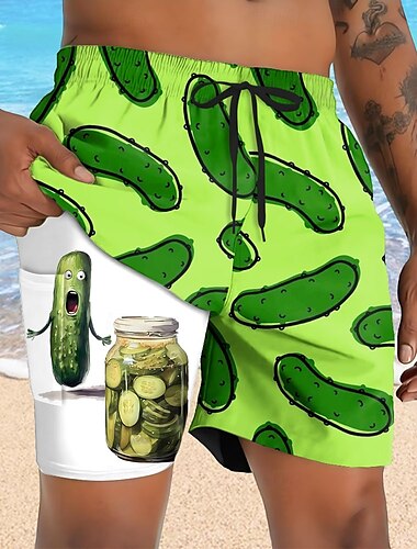  Hombre Gracioso pepinillo Pantalones cortos forrados Bañador 2 en 1 Pantalones de Natación Media cintura Hawaiano Vacaciones Festivos Ropa de playa Bolsillos laterales con forro de compresión Cintura