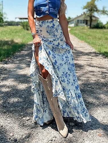  Mujer Falda Casual Boho Maxi Tiro Medio Faldas Floral Estampado Puntas abiertas Microelástico Vacaciones Calle Blanco Verano Poliéster