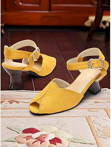  Gelbe Peep-Toe-Sandalen mit Schnalle im Stil der 1930er Jahre für Damen – Vintage-Tanzschuhe mit mittlerem Absatz für Abendpartys und formelle Anlässe