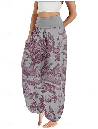  Damen Leinen-inspirierte Hosen Weites Bein Hosen Hose Ethno-Stil Lässig Boho Volle Länge Hohe Taille Blumen Blatt Tropisch Tasche Elastischer Bund Drucken Atmungsaktivität Weich Mikroelastisch