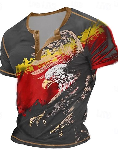  Herren Adler Henley Hemd T-Shirt Kurzarm Vintage Mode Designer Outdoor Lässig Täglich Sommer Frühling & Herbst Schwarz Grau Marineblau Henley Henley T-Shirt