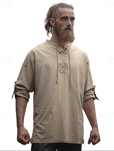  Mittelalterlich Renaissance 17. Jahrhundert Mittlere Länge Bluse / Hemd Cosplay Kostüm Ren Faire Ritter Wikinger Keltischer Ritter Kordelzug Einfarbig Rundhals Herren Seeräuber Halloween Maskerade