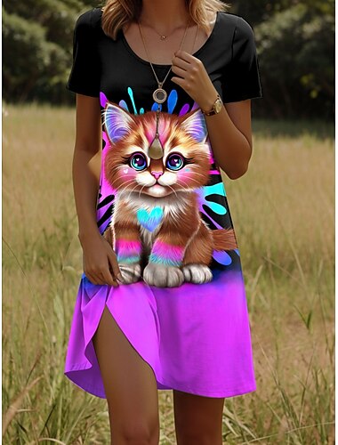  lil kitty by sheena pike женское мини-платье футболка платье-футболка платье-сарафан платье-футболка повседневное праздничное свидание обычный крой графический рисунок с изображением животных короткий
