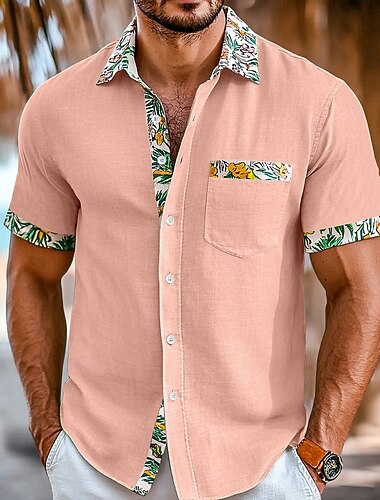  Per uomo Camicia Camicia di lino Camicia Estiva Abbigliamento da spiaggia Camicia con Bottoni Tinta unica Vacanza Crociera Nero Bianco Rosa Verde Manica Corta Colletto Estate Primavera & Estate
