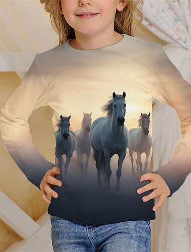  Mädchen 3D Tiermotiv Pferd T-Shirt Langarm Frühling Herbst Mode Basic Kinder 4-12 Jahre Rundhalsausschnitt Outdoor Lässig Täglich Normale Passform