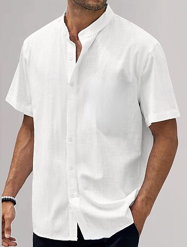  Per uomo Camicia in cotone e lino Semplice Vacanza Nero Bianco Azzurro cielo Cachi Manica Corta Colletto alla coreana Estate Abbigliamento