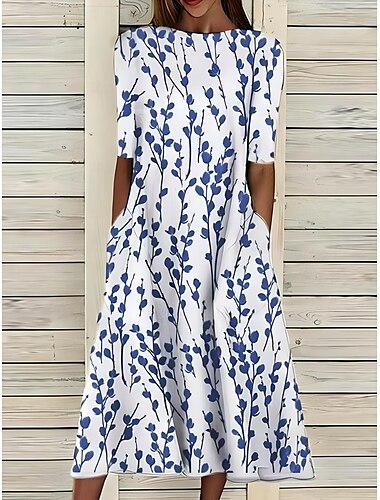  Dam Midiklänning T shirtklänning A linjeklänning Sommarklänning Semester Ledigt Strandstil Datum Sommarklänning Normal Blommig Grafisk Kortärmad Rund hals Blå Grön Mörkblå Sommar