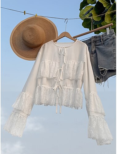  Damen Sommeroberteile Lässig Langarm Rundhals Normale Oberteile Wochenende Weiß Sommer Frühling
